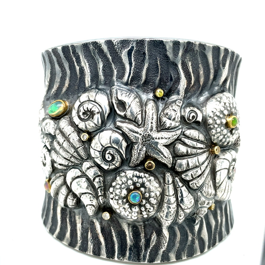 Elizabeth McDevitt Crystal Hammered Oxidized Sterling Silver Cuff Bracelet