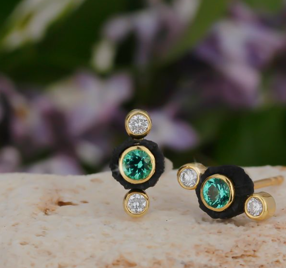 Sarah Graham Emerald and Diamond in 18K Matte Yellow Gold Stud Earrings